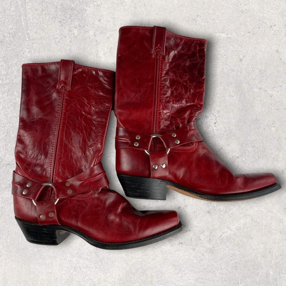 Shoes - Vintage Women’s Cherry Red Western Harness Leather Cowgirl Heeled Boot Sz 8